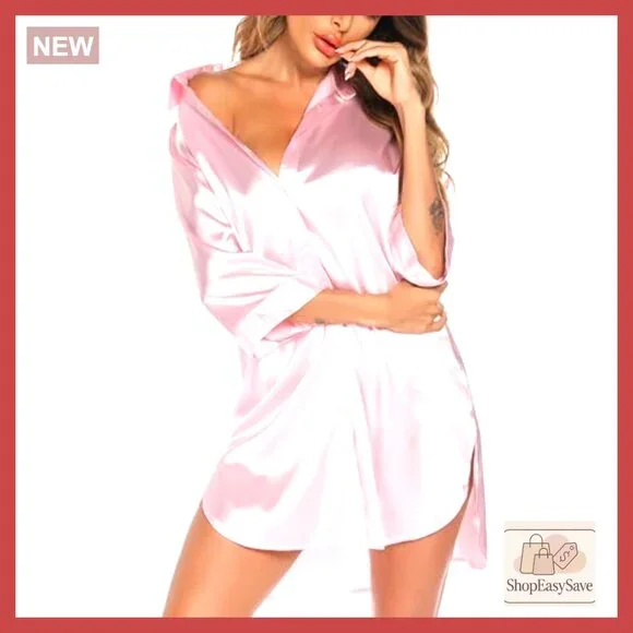Satin Nightgown 3/4 Sleeve Button Down Boyfriend Sleepshirt Loose Fit Elegant
